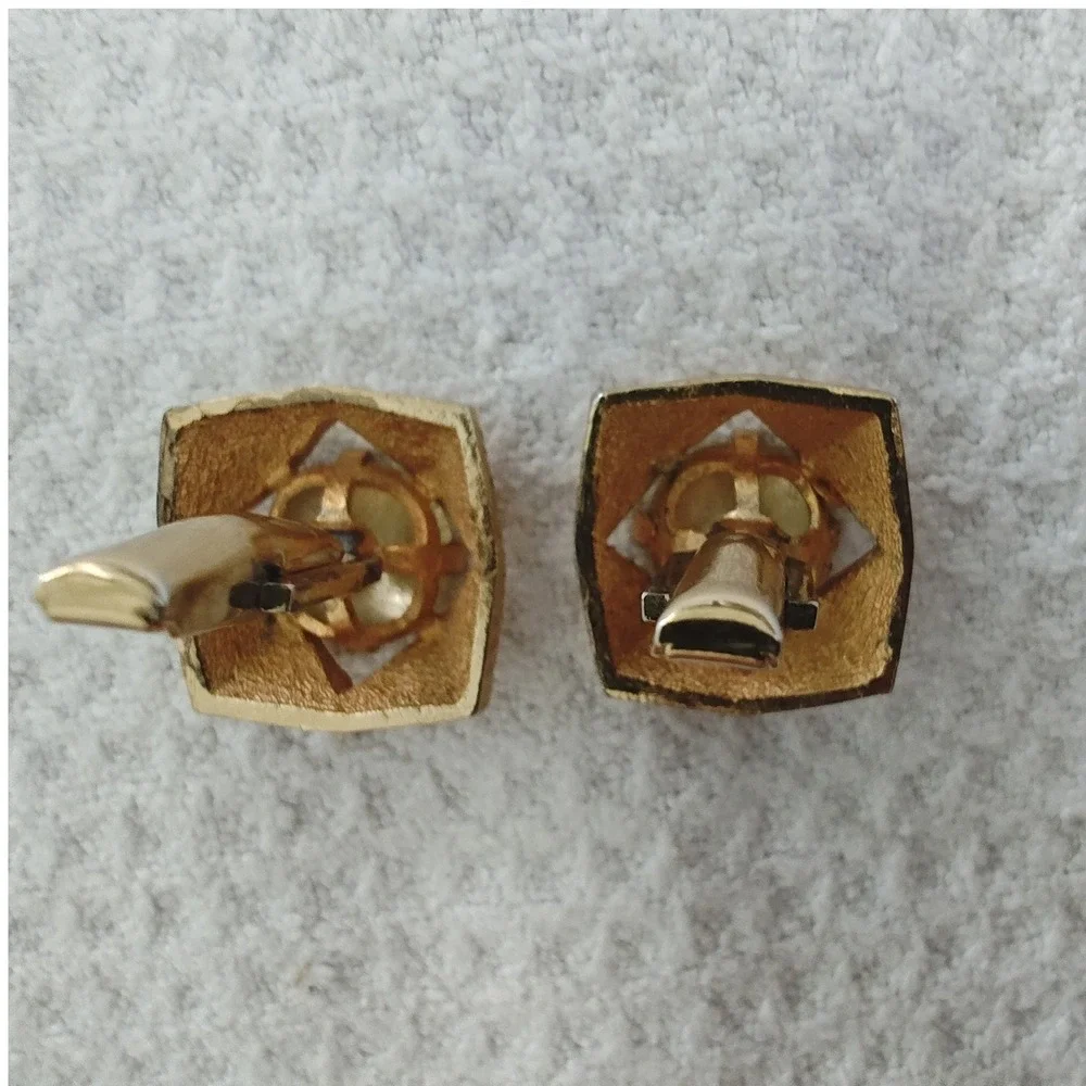 Cufflinks Gold Green‎ Geometric Textured Square Rhinestone Vintage Toggle Back